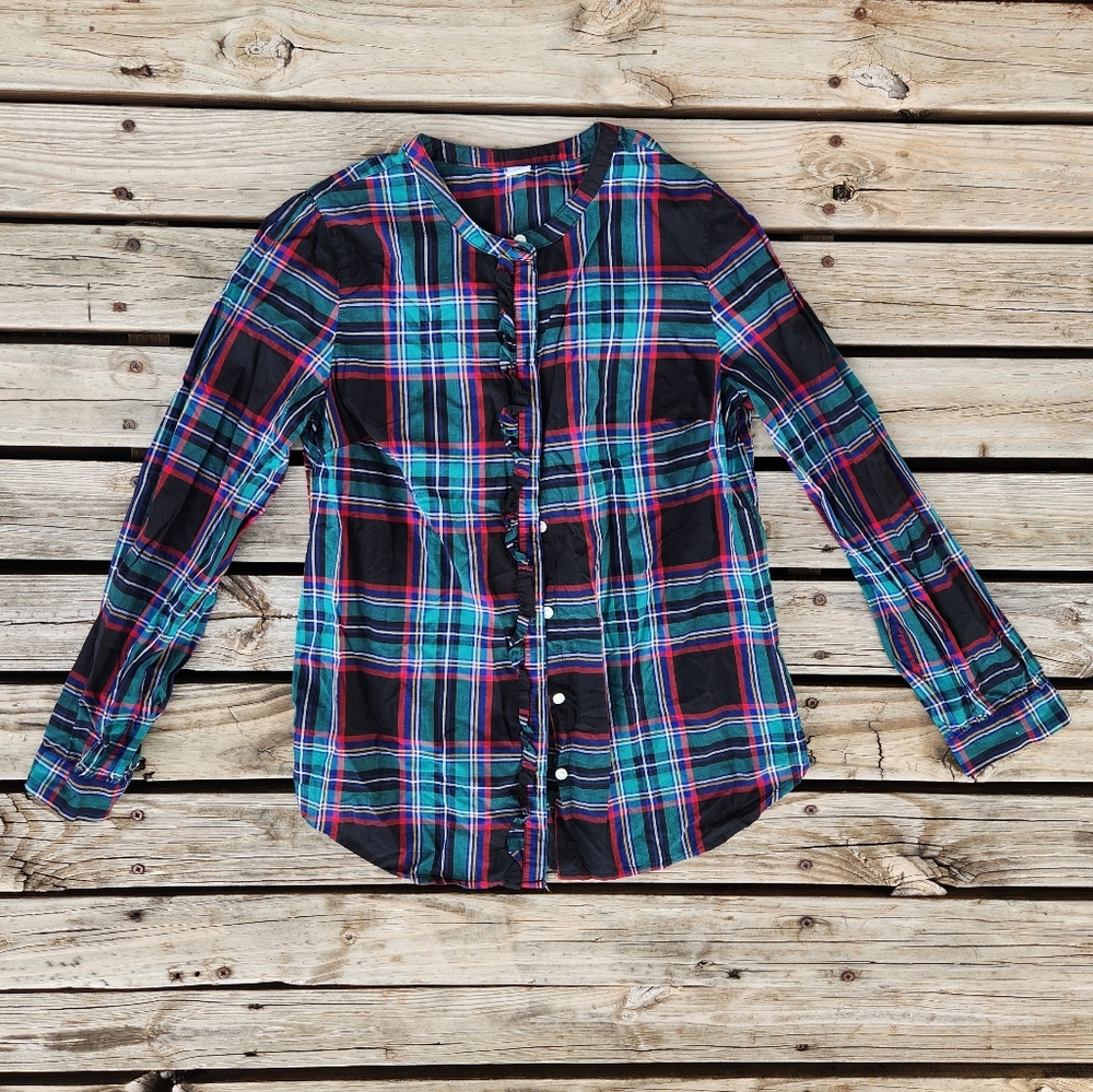 Old Navy Plaid Ruffle Blouse Button Down Small Green Red Ralph Lauren Christmas